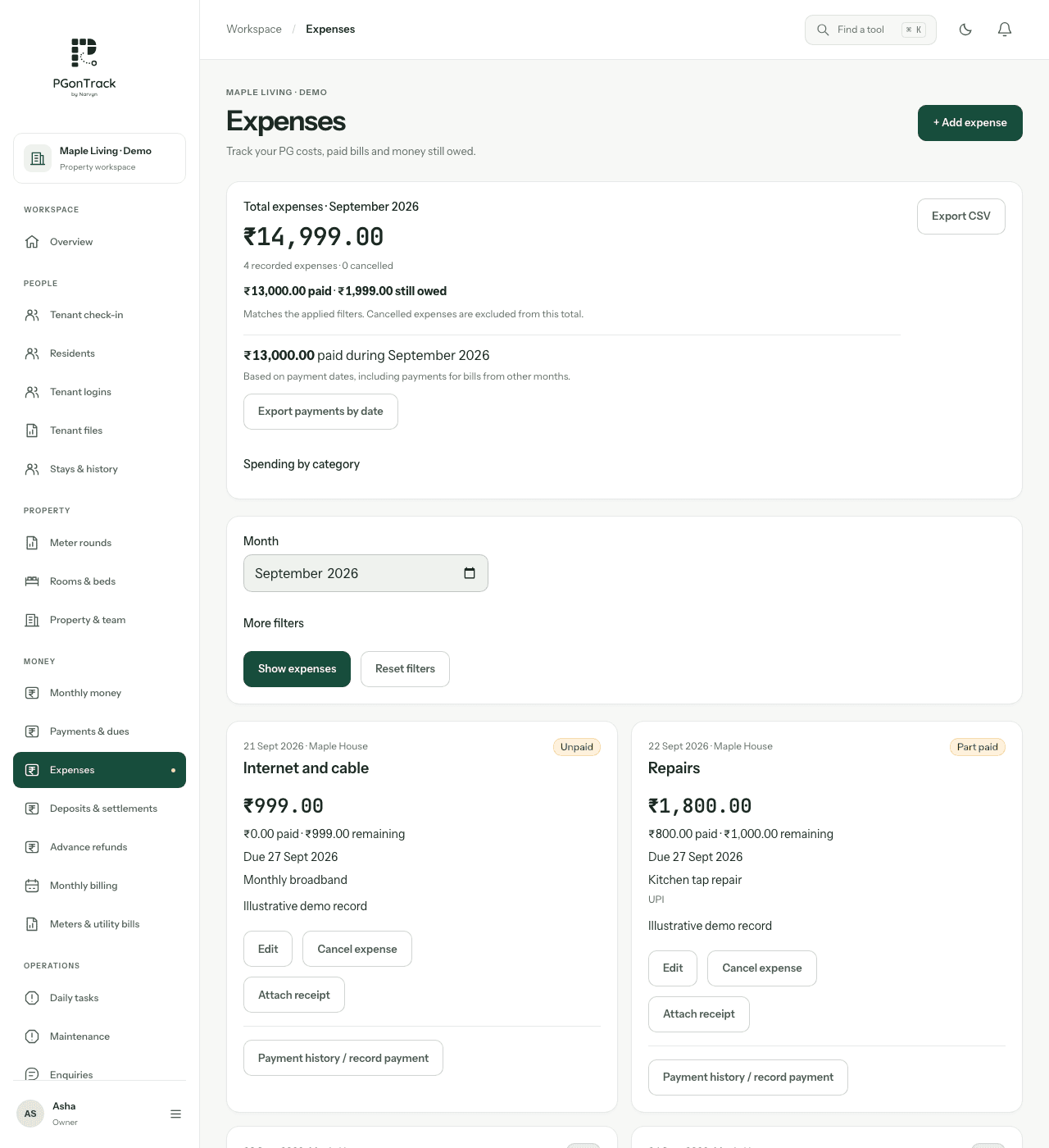 PGonTrack product interface with fictional demonstration records