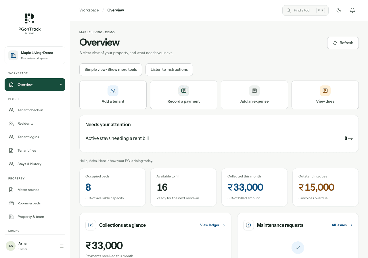 PGonTrack owner overview in the Maple Living demo workspace, showing four daily actions and property information.