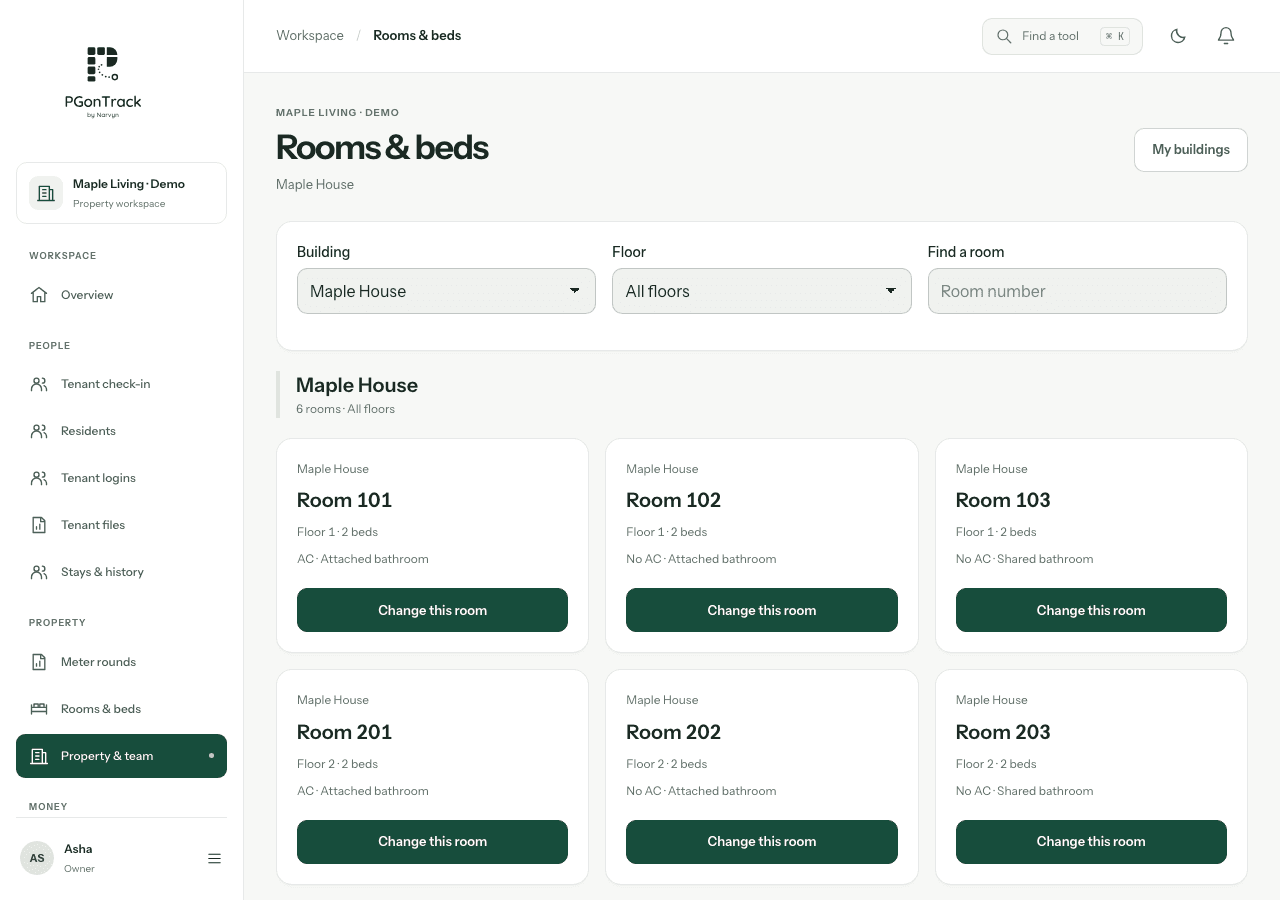 PGonTrack product interface with fictional demonstration records