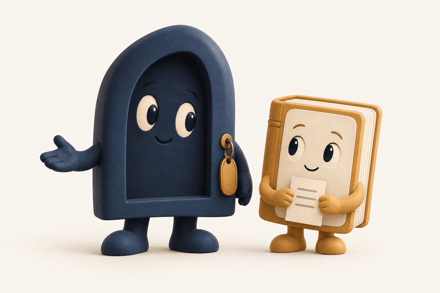 Nook, a welcoming navy doorway character with a brass key tag, beside Tavi, a golden record-book character holding a receipt.