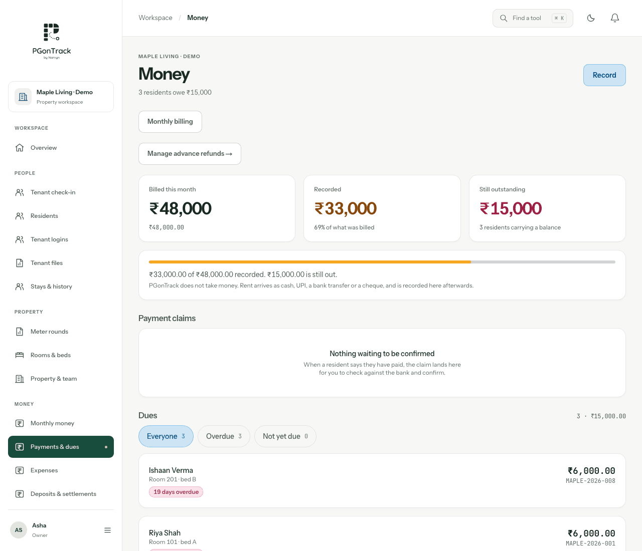 PGonTrack product interface with fictional demonstration records